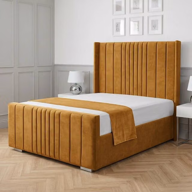 Living Comfort Bedz Cambridge Wingback Ottoman Gas Lift Storage Bed in Yellow Velvet, Super King