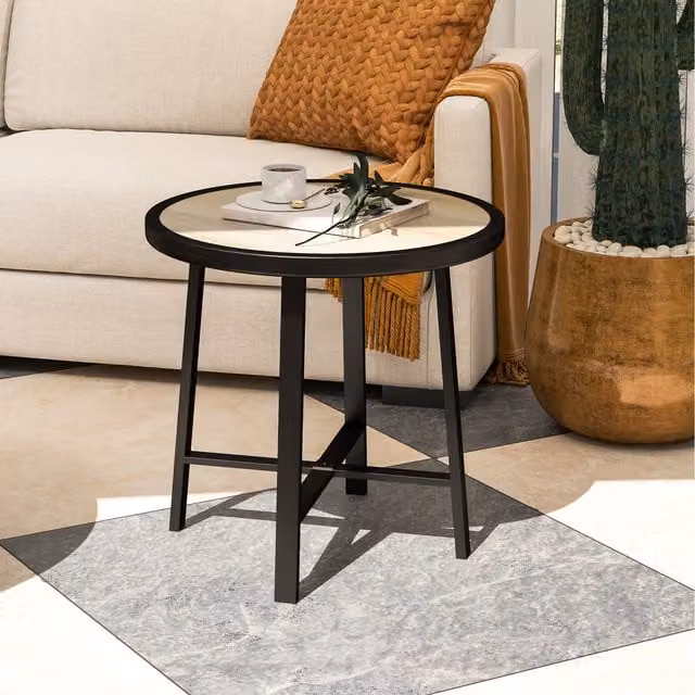 Outsunny Round Small Garden Table with SPC Composite Tabletop in Natural Brown and Black
