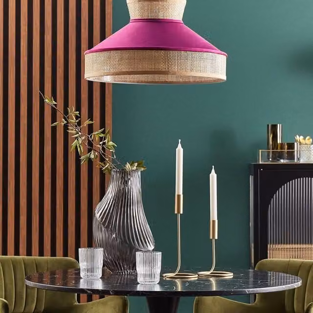 Wyld and Coco Rattan Pendant Lamp with Pink Fabric Shade in Natural and Pink – 1