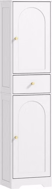 HOMCOM Tall White Modern Bathroom Cabinet with Arched Hinged Doors and Gold Details, H 170 x W 40 x D 20 cm – 1