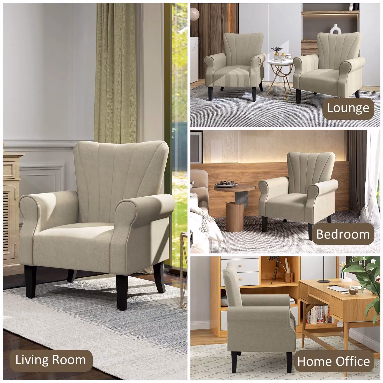 HOMCOM Modern Upholstered Accent Armchair with Solid Wood Legs in Beige – 4