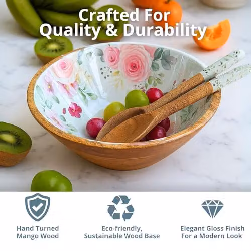 Hartsmede Handmade Mango Wood Salad Bowl Set with Matching Spoons, Floral Design, Multicolour, Diameter: 30.48 cm – 4