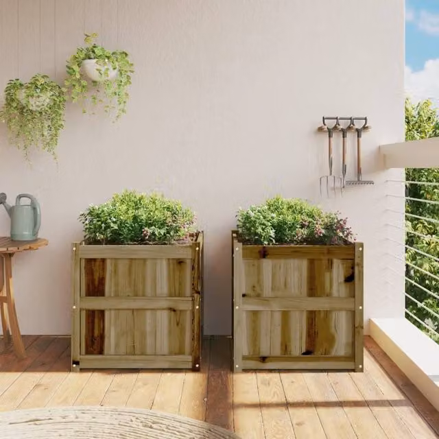Berkfield Home Set of 2 Impregnated Pine Wood Garden Planter Tubs in Brown, W/D/H: 60 x 60 x 60 cm