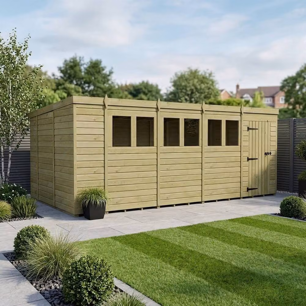 Buttercup Farm Brown Timber Pent Garden Shed with Single Door and Windows, W: 305 cm, D: 305 cm, H: 210 cm – 2