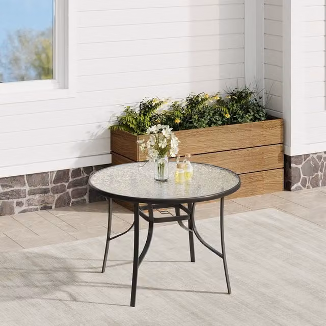 Komore Round Black Glossy Tempered Glass Garden Table
