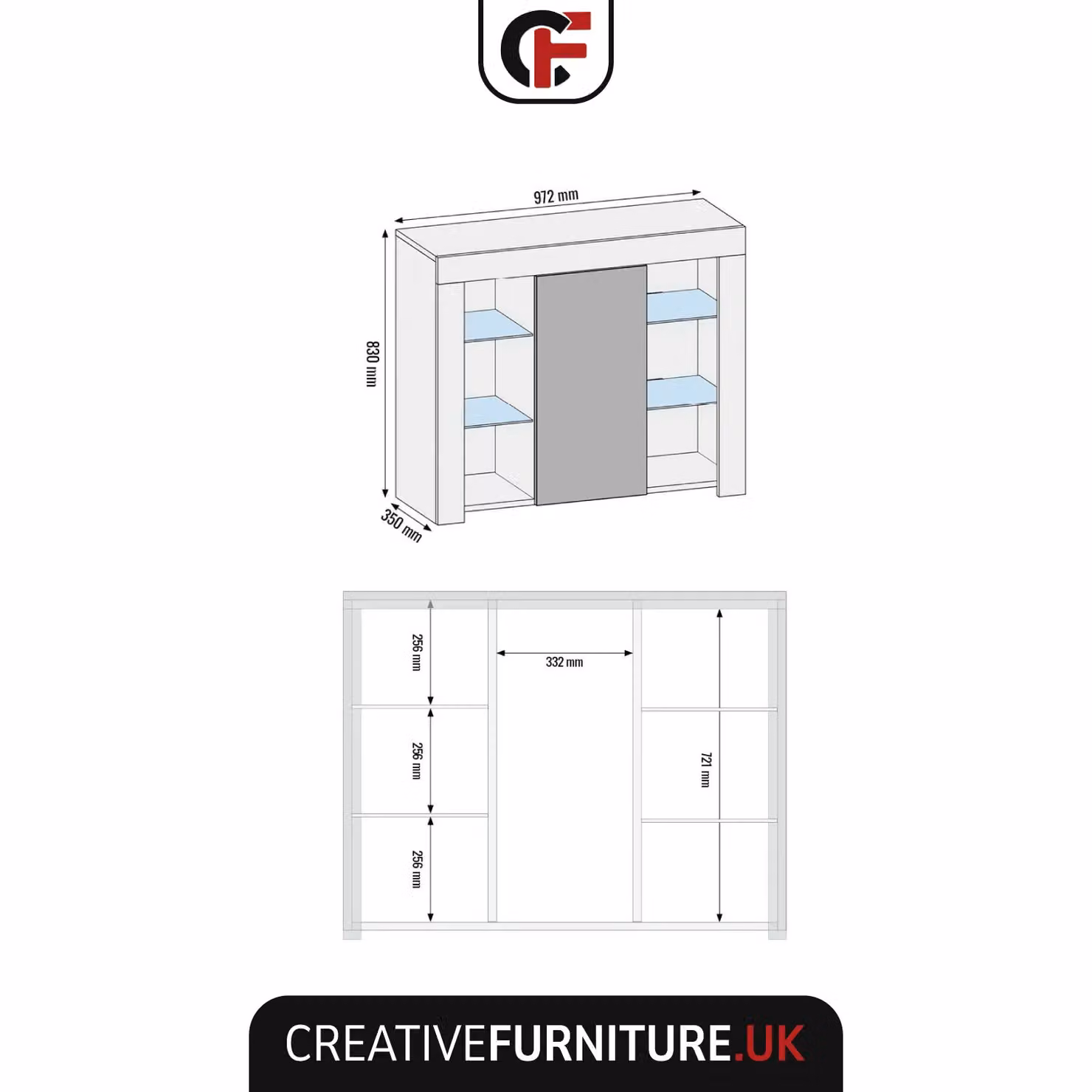 Creative Furniture Harbor Sideboard with Glossy Doors and Integrated Lighting, White, W: 97 cm, D: 35 cm, H: 83 cm – 3