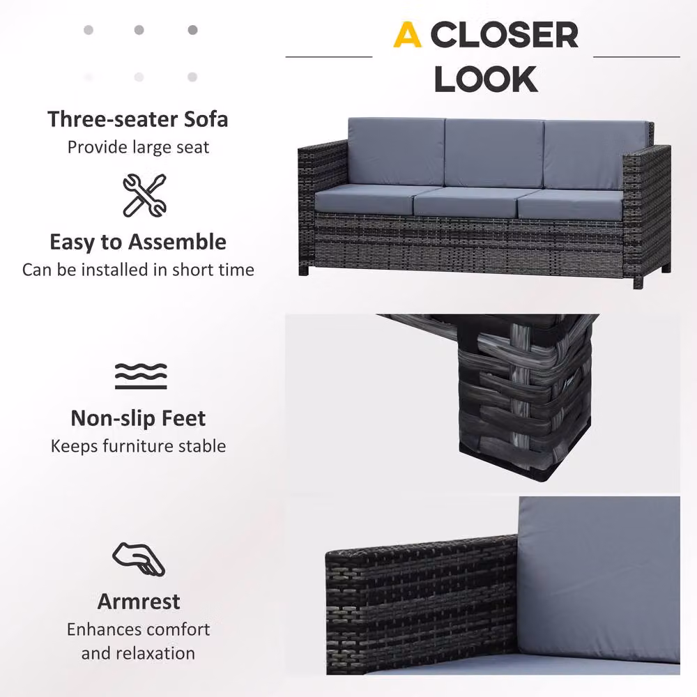 OUTSUNNY Grey Rattan Wicker 3-Seater Sofa with Cushions and Steel Frame – 4