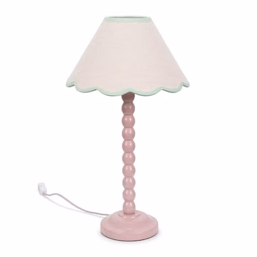 ValueLights Rose Pink Bobbin Stem Table Lamp with Green Trim Scallop Shade and Bulb Included – 2