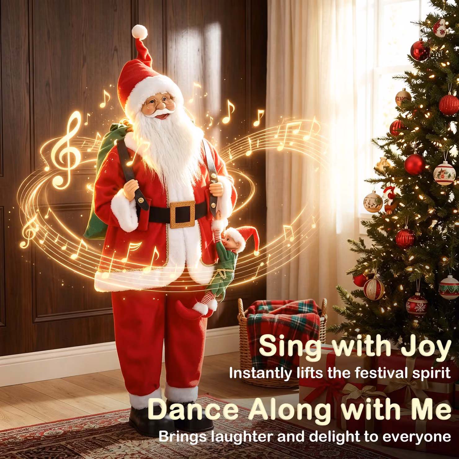 HOMCOM 4ft Animated Singing and Dancing Santa Claus Figure with Sack and Hanging Elf, Sound and Touch Activated, Height: 121.92 cm – 4