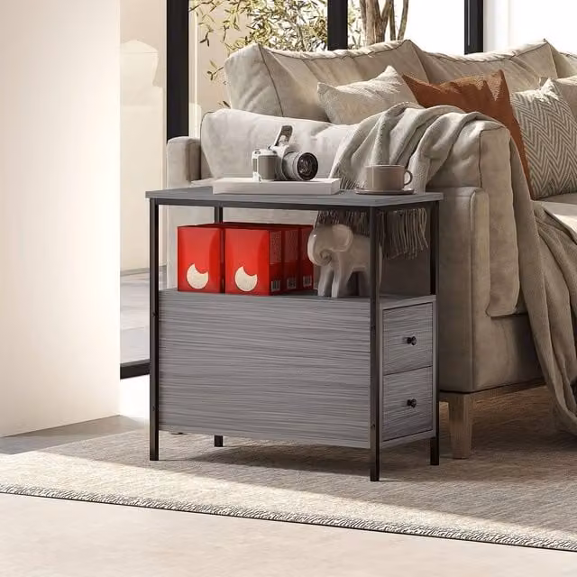 FORGEVIO Slim Side Table with 2 Drawers and Storage Shelf in Grey – 1
