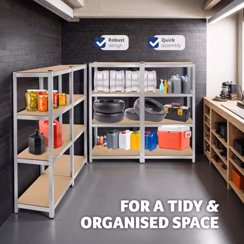 tectake Set of 2 Heavy-Duty Garage Shelving Units with Galvanised Steel Frames and 8 Adjustable MDF Shelves, Silver, W/D/H: 160 x 40 x 160 cm – 5