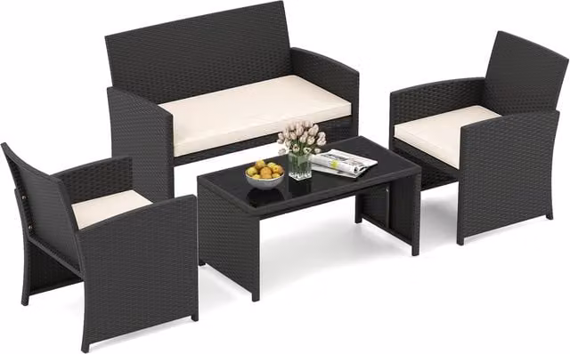 COSTWAY 4 Piece L-Shape Polyrattan Patio Sofa Set with Upholstered Cushions and Coffee Table in White