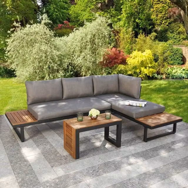 Home Garden Direct Demeter Modular L-Shape Corner Sofa in Grey, Convertible into 2 Sun Loungers with Acacia Wood and Powder Coated Aluminium Frame – 1