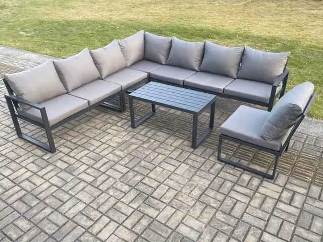 Fimous 8 Seater Aluminium Garden Furniture Set with L-Shape Corner Sofa, Oblong Coffee Table and Upholstered Cushions in Dark Grey