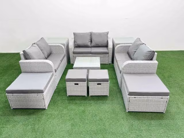 Fimous PE Rattan Love Sofa Set with Coffee Table, 4 Footstools and 2 Side Tables in Light Grey