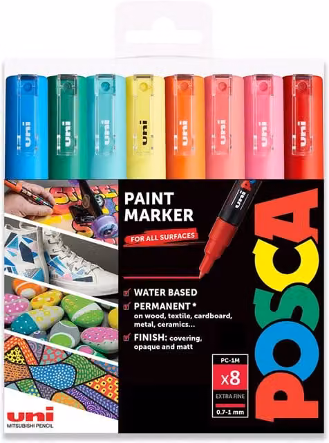 POSCA PC-1M Paint Marker Art Pens, 0.7mm, Summer Multicolour Set of 8