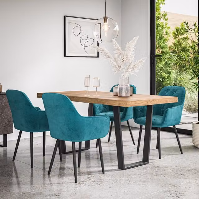 More4Homes Aria Dining Set with Oak Effect Rectangular Table and 4 Blue Anika Velvet Chairs