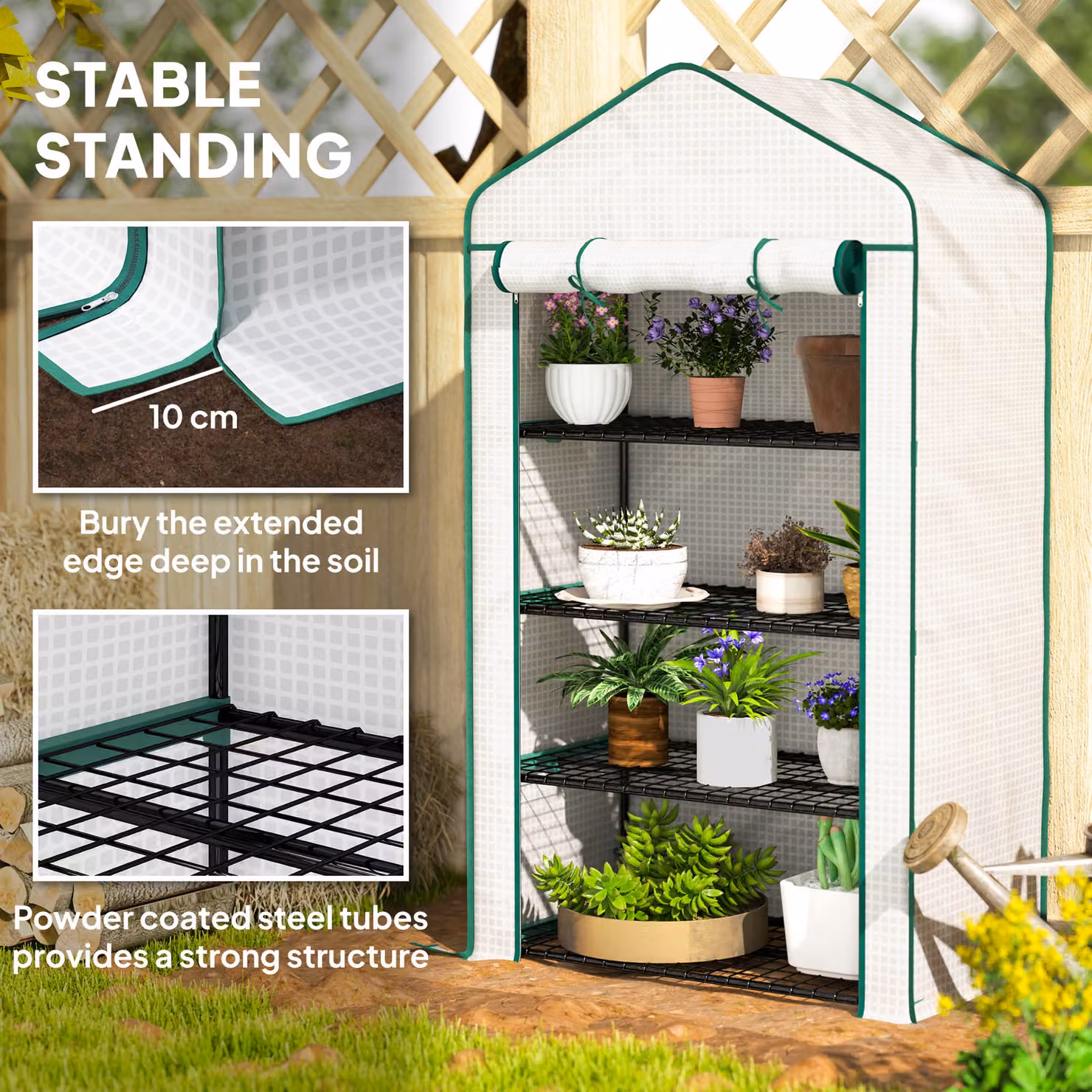 Outsunny Four-Tier Mini Freestanding Greenhouse with Reinforced Plastic Cover and Steel Frame, White, H: 160 cm, W: 90 cm, D: 49 cm – 6