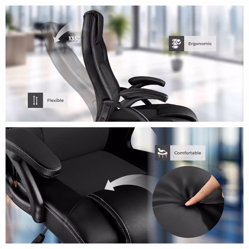tectake Tyson Ergonomic Gaming Chair in Black with Synthetic Leather and Armrests – 8