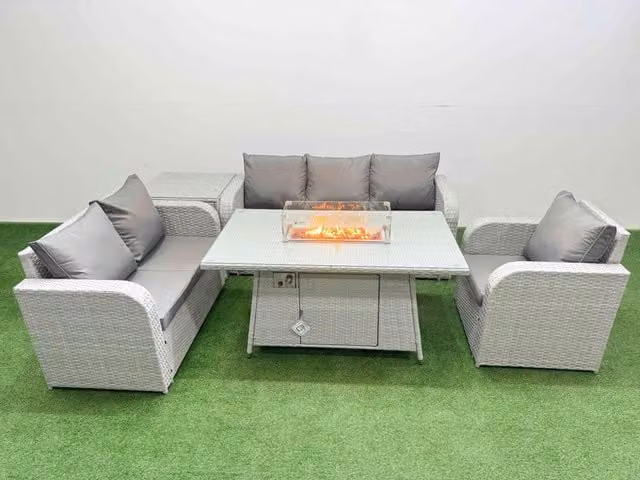 Fimous Patio 6 Seater Grey PE Wicker Rattan Outdoor Furniture Set with Firepit Dining Table, Reclining Chair, Loveseat, 3 Seater Sofa and Side Table