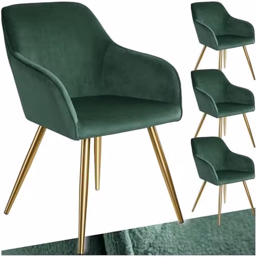 tectake Set of 4 Velvet Look Dining Armchairs with Gold Steel Legs in Dark Green and Gold