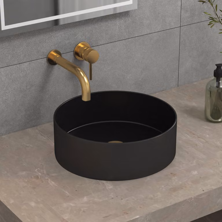 Nuie Art Round Ceramic Countertop Basin Vessel in Black, Diameter: 36 cm, 1 Tap Hole