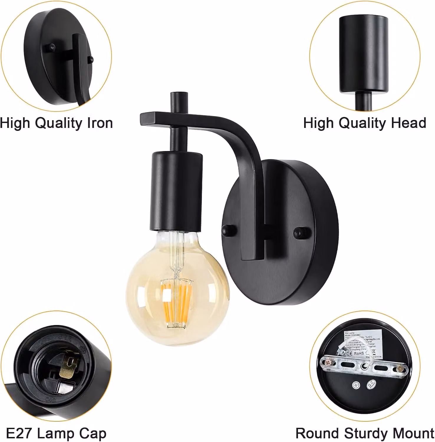 COMELY 2 Pack Black Metal Industrial Vintage Wall Lights with E27 Up and Down Lighting – 7