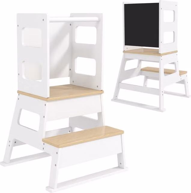 AIYAPLAY 2 in 1 Toddler Learning Tower with Chalkboard and Safety Rail, White