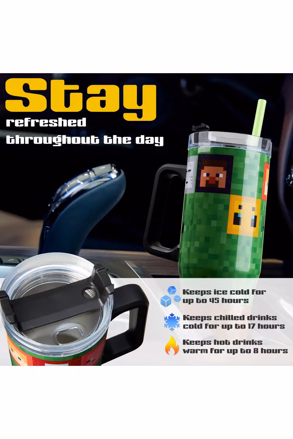 Minecraft Insulated Travel Mug with Straw and Handle, 940ml, Multicolour – 11