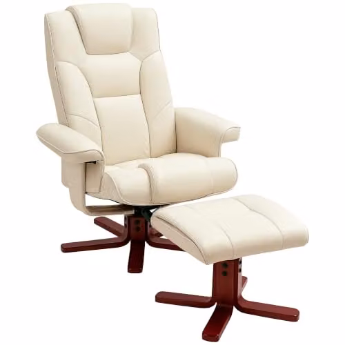 HOMCOM Reclining Armchair with Ottoman, Beige Synthetic Leather and Solid Wood Frame – 1