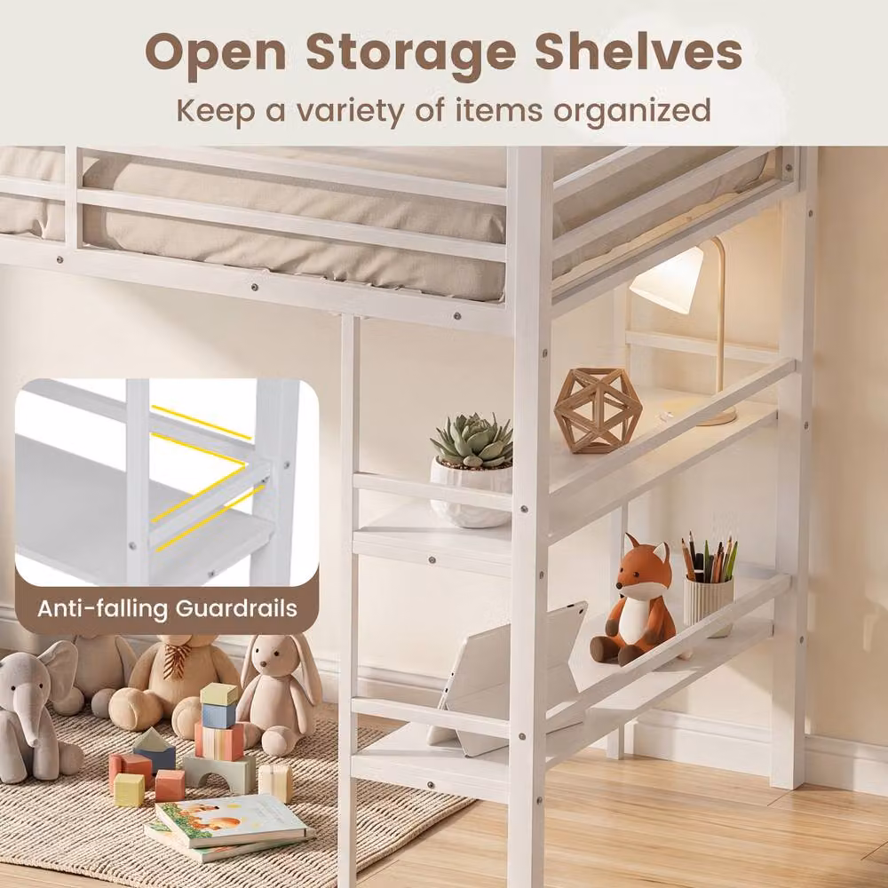 Costway Single Metal Loft Bed Frame with Guardrails and Side Shelves in White – 3