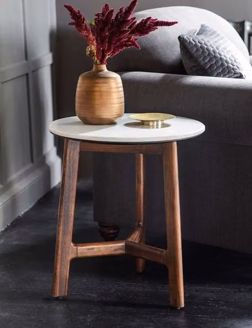 Gallery Direct Barcelona Round Side Table in Dark Brown with Acacia Wood and Marble Top