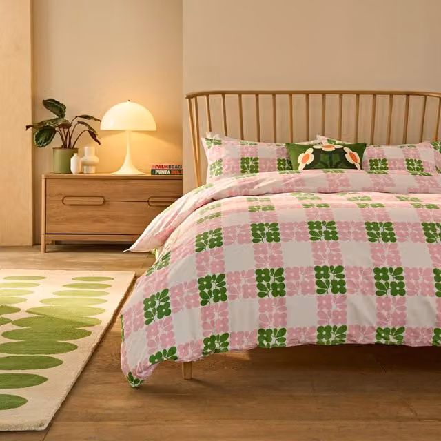 Orla Kiely Floret Check Cotton Duvet Cover Bedding Set in Dill Pink and Green