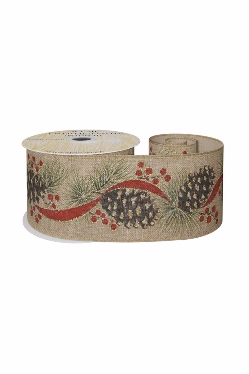 KDMD Natural Floral Ribbon in Beige with Cones, Width: 6.3 cm – 2