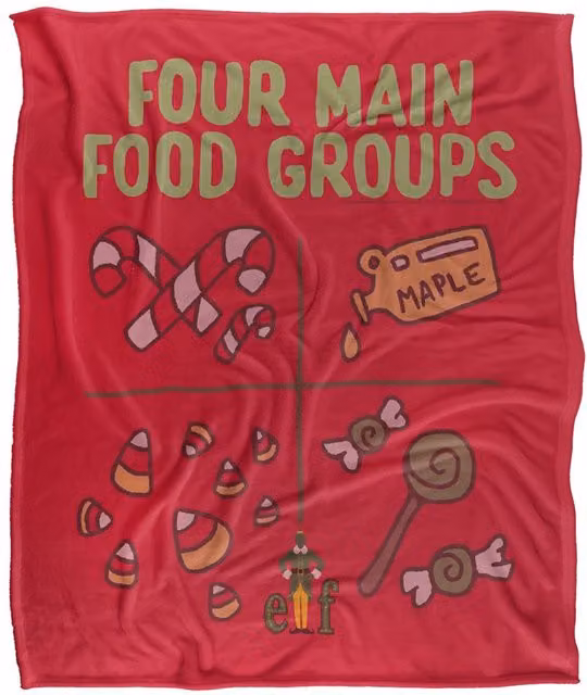 Warner Brothers Elf Four Food Groups Super Soft Fluffy Throw Blanket in White and Red, W: 152 cm, D: 127 cm