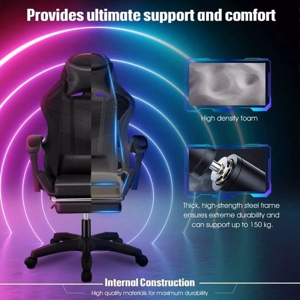 FORGEVIO Ergonomic Gaming Chair with LED Lights and Headrest in Black Synthetic Leather – 3