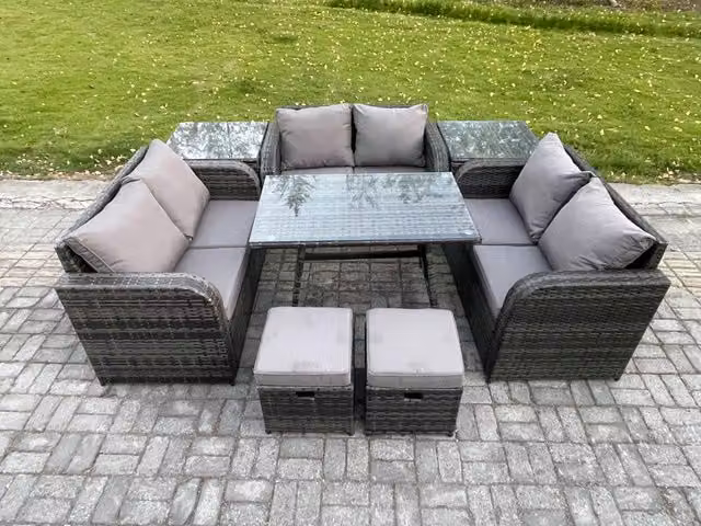 Fimous 8 Seater Outdoor Rattan Garden Furniture Set in Dark Grey with Rectangular Dining Table, 2 Small Footstools and 2 Side Tables