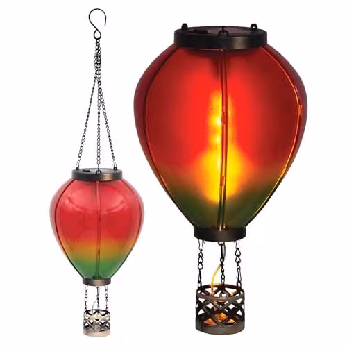 GardenKraft 10919 Hot Air Balloon Solar Powered Outdoor Lantern with Warm White LED Flame Effect in Red and Multicolour