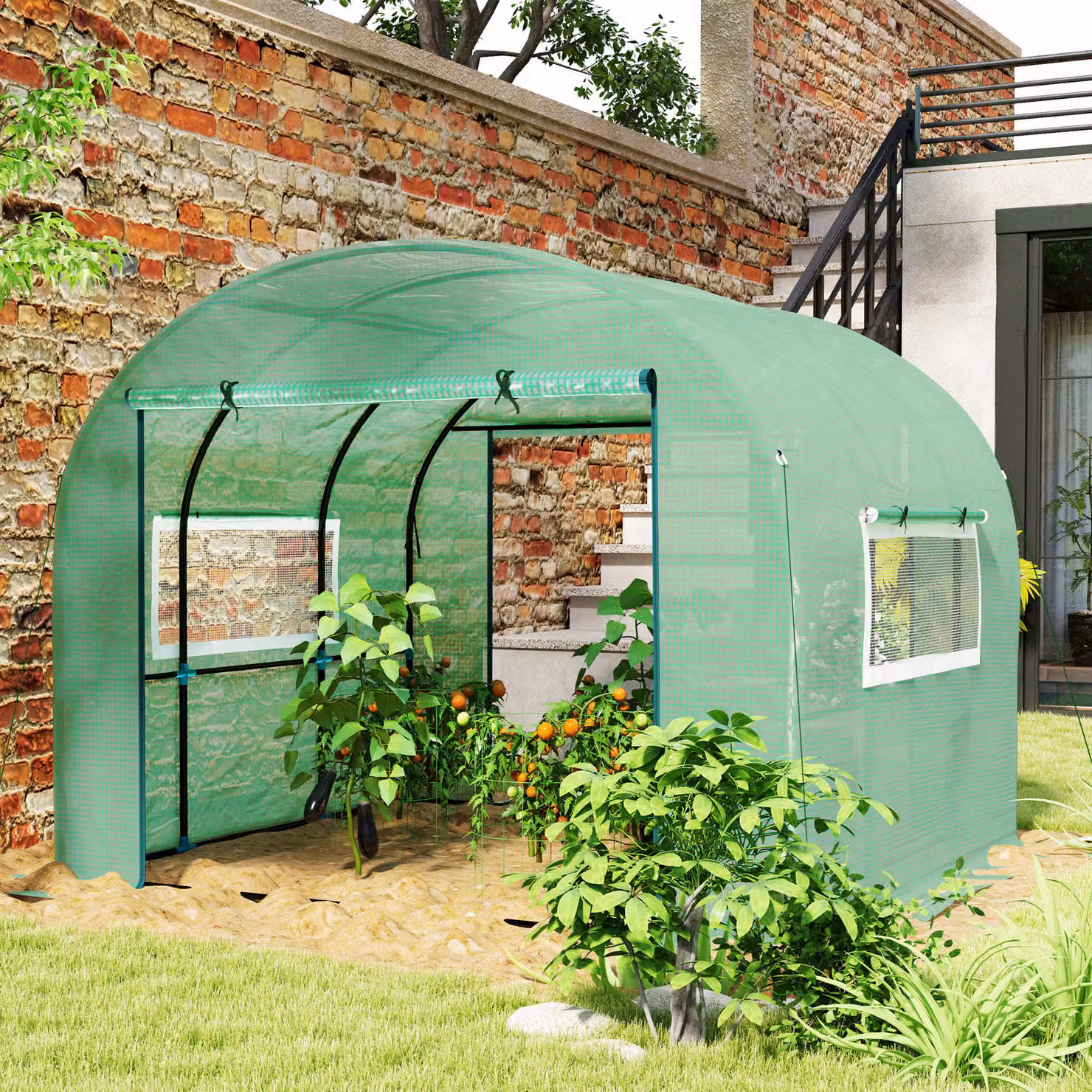 Outsunny Green Walk-In Polytunnel Greenhouse with Roller Window, W: 300 cm, D: 300 cm, H: 200 cm – 2