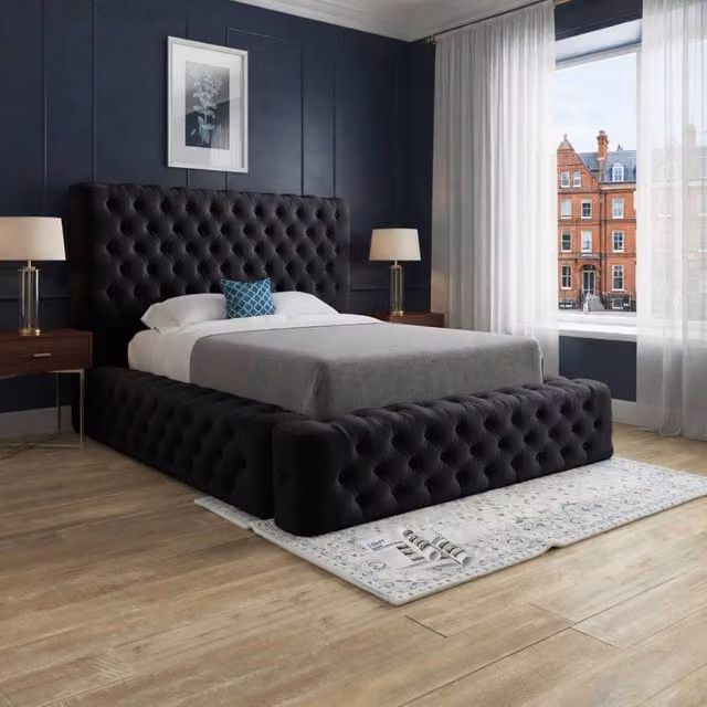 KDMD Linlithgow Black Velvet Pleated Upholstered Chesterfield Bed Frame W/D/H: 200 x 120 x 137 cm