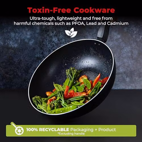 Tower SmartStart Gourmet 28cm Aluminium Non-Stick Wok, Black, Induction Compatible and Oven Safe – 4