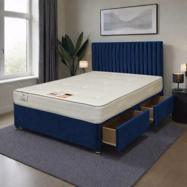 Knight Sleep Hybrid Upholstered Bed Set with Mattress and Headboard in Blue and Grey, W/D/H: 120 x 200 cm