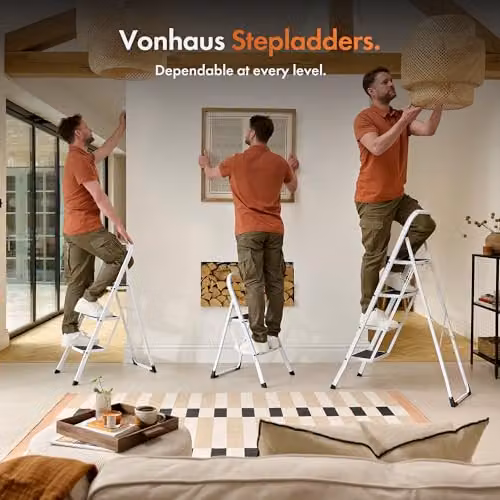 VonHaus 2 Step Steel Folding Step Ladder with Handle and Anti-Slip Rubber Feet, White – 7