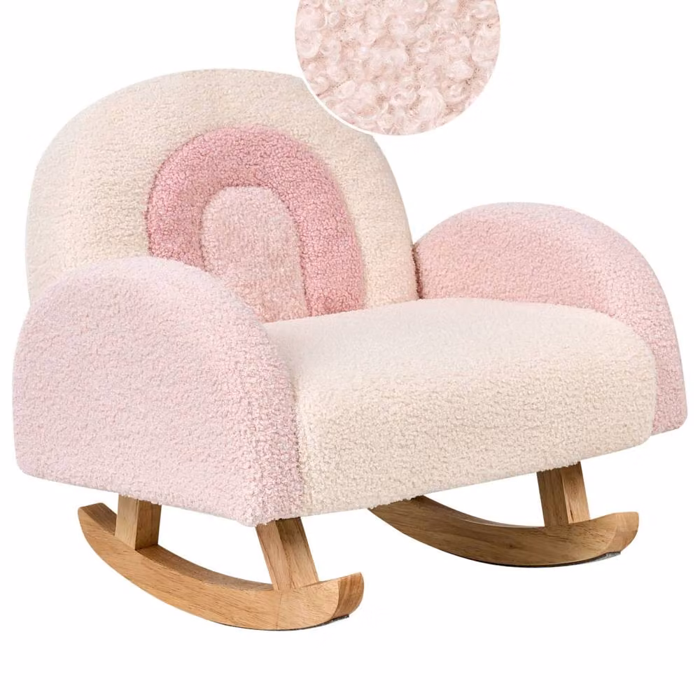Wyld and Coco Kids Boucle Rocking Chair in Pastel Pink with Armrests and Rubberwood Frame – 2