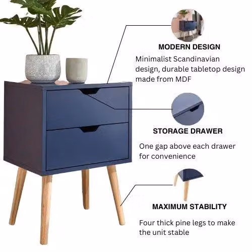 GFW Nyborg 2 Drawer Bedside Table in Nightshadow Blue – 3