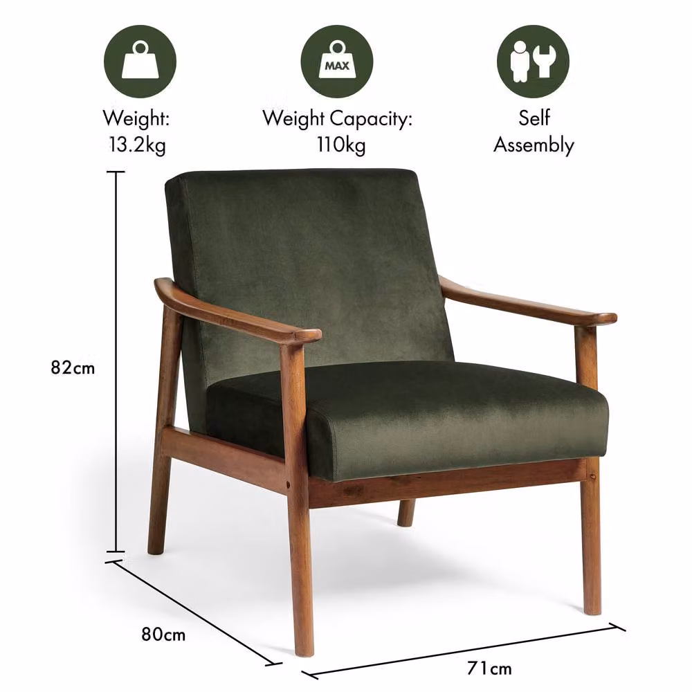 VonHaus Mid Century Green Velvet Armchair with Solid Wood Frame – 5