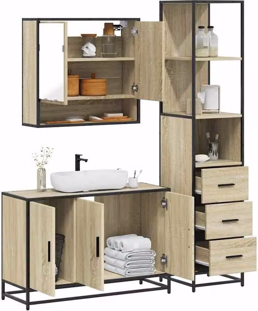Berkfield Home 3 Piece Industrial Bathroom Furniture Set in Sonoma Oak and Brown