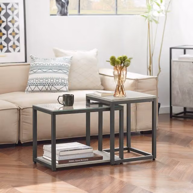 SoBuy Set of 2 Modern Grey Nesting End Tables with Glass Tops