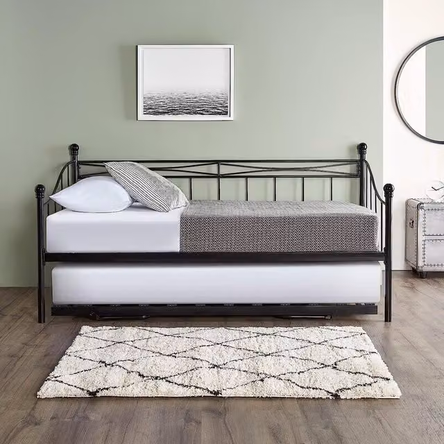 Home Treats Modern Glossy Black Metal Single Trundle Bed with Mattress 90x190 cm