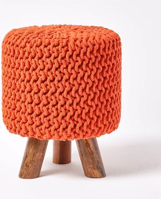 Homescapes Tall Cotton Knitted Footstool with Wood Frame in Orange